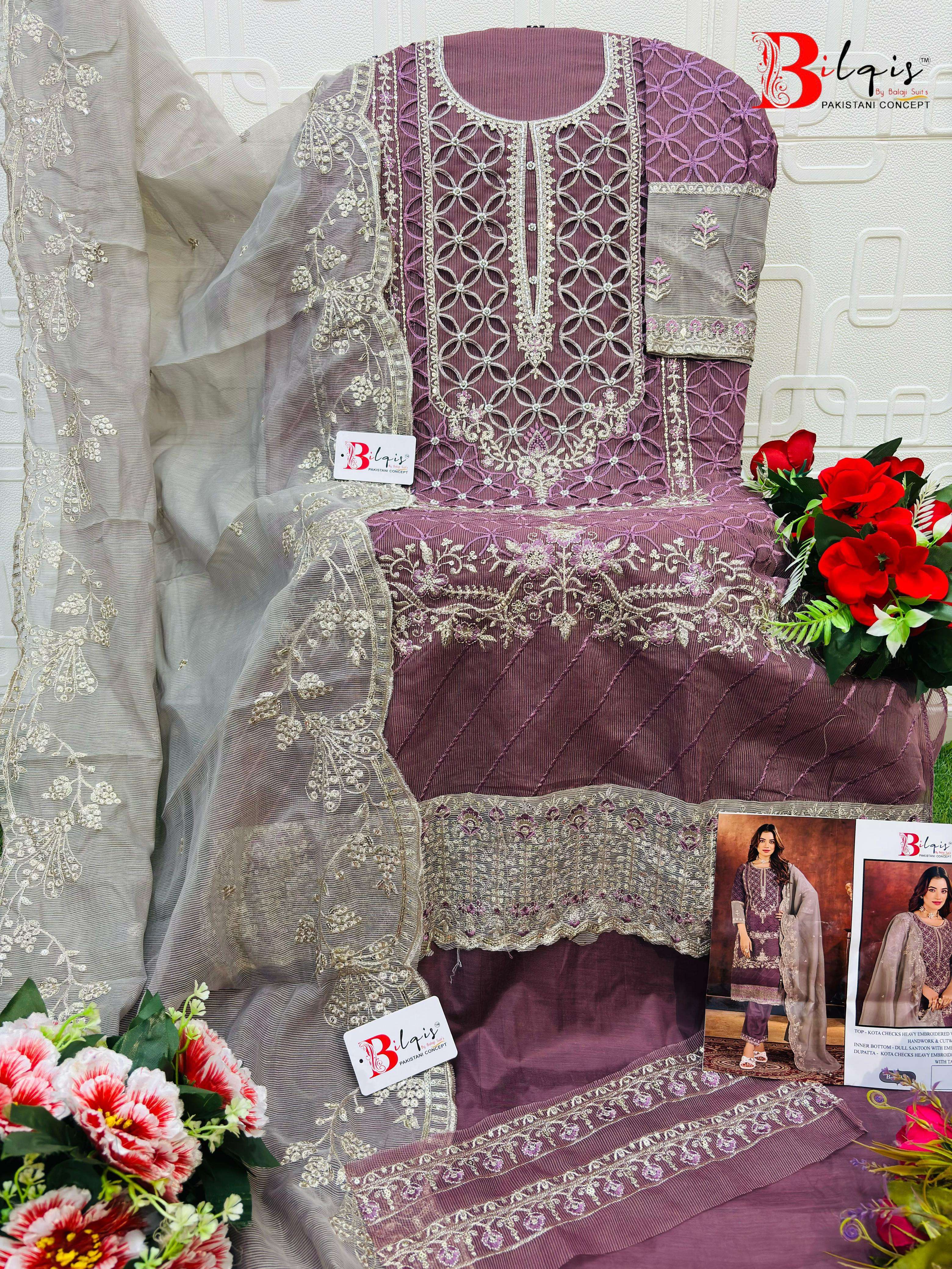 BILQIS B 219 KOTA CHECKS HEAVY WORK PAKISTANI TYPE SUIT MATERIAL SET FESTIVAL EXPORT